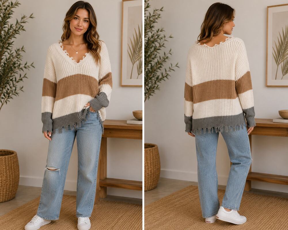 Anthropologie Moon & Madison Colorblock Distressed Knit Sweater Medium